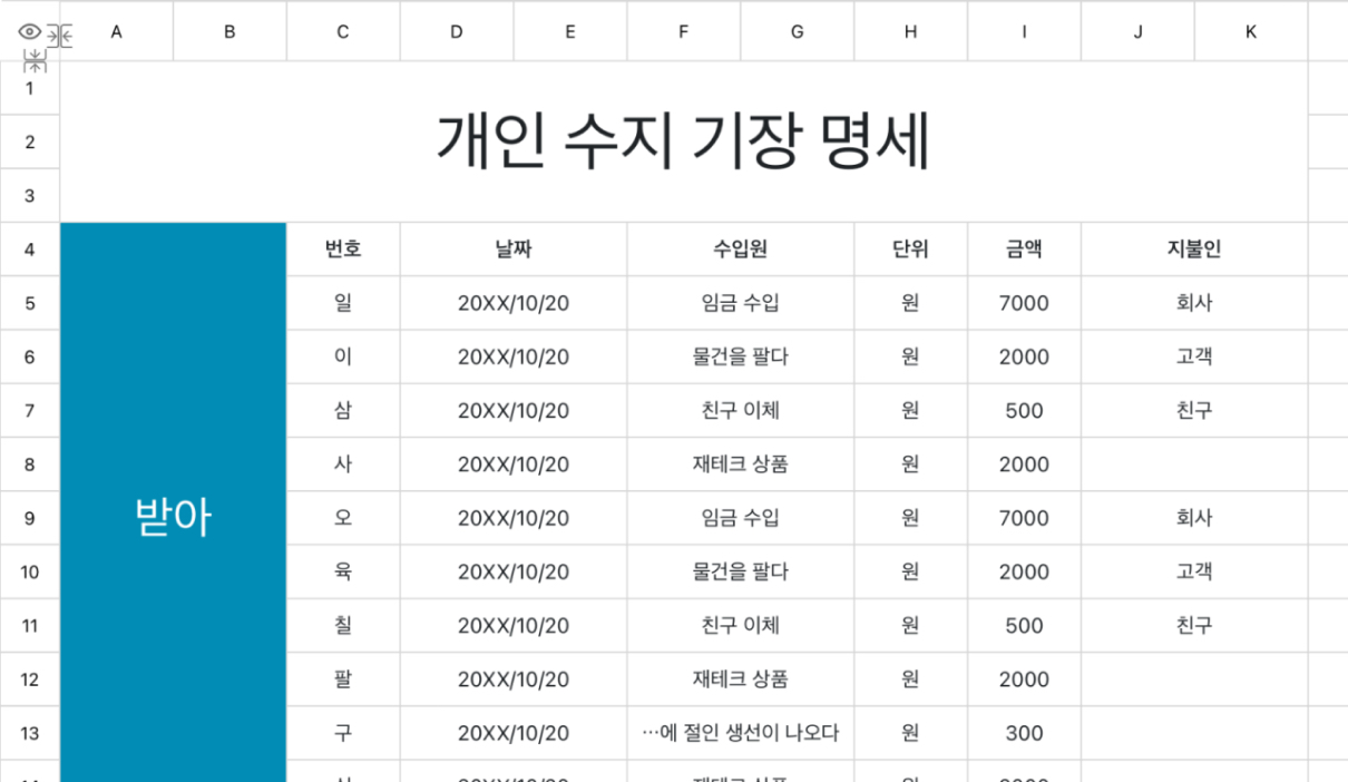 개인 수지 기장 명세